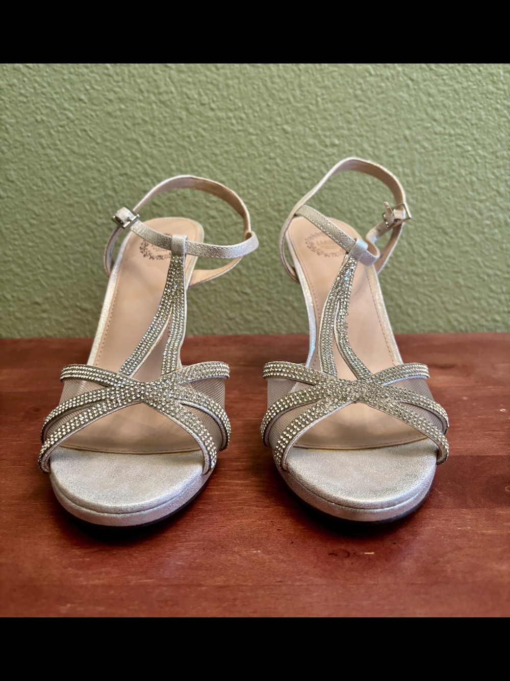 Women's Silver Rhinestone T-Strap Dress Heels